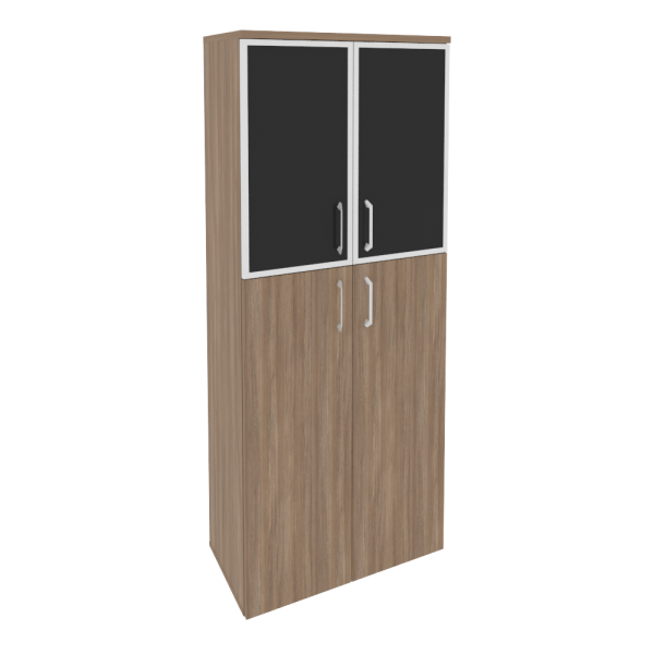 Шкаф высокий широкий (2 средних фасада ЛДСП + 2 низких фасада стекло лакобель в раме) O.ST-1.7R white/black