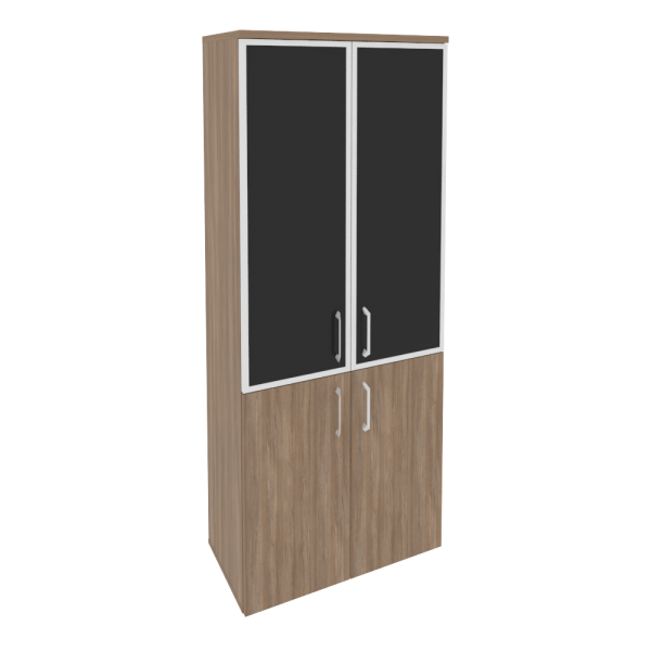 Шкаф высокий широкий (2 низких фасада ЛДСП + 2 средних фасада стекло лакобель в раме) O.ST-1.2R white/black