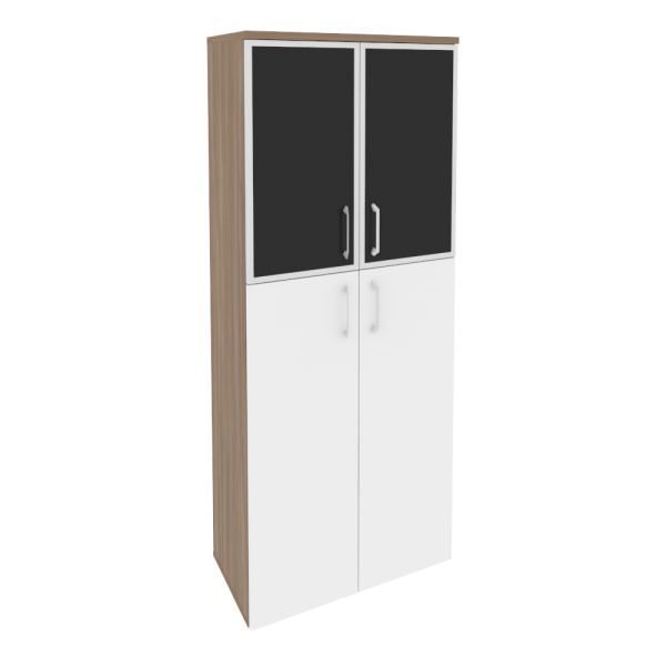 Шкаф высокий широкий (2 средних фасада ЛДСП + 2 низких фасада стекло лакобель в раме) O.ST-1.7R white/black