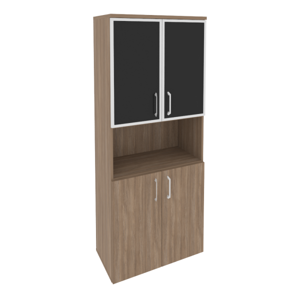 Шкаф высокий широкий (2 низких фасада ЛДСП + 2 низких фасада стекло лакобель в раме) O.ST-1.4R white/black