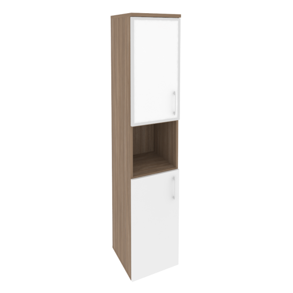 Шкаф высокий узкий левый (1 низкий фасад ЛДСП + 1 низкий фасад стекло лакобель в раме) O.SU-1.4R(L) white/black