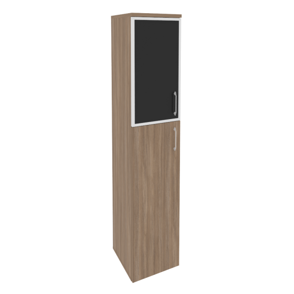 Шкаф высокий узкий левый (1 средний фасад ЛДСП + 1 низкий фасад стекло лакобель в раме) O.SU-1.7R(L) white/black