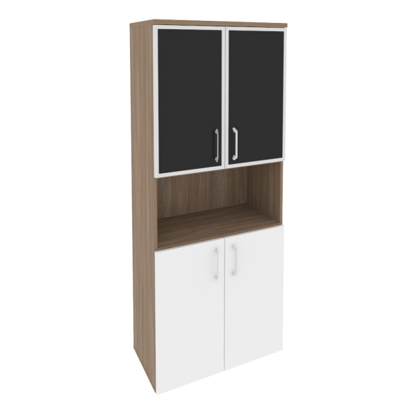 Шкаф высокий широкий (2 низких фасада ЛДСП + 2 низких фасада стекло лакобель в раме) O.ST-1.4R white/black