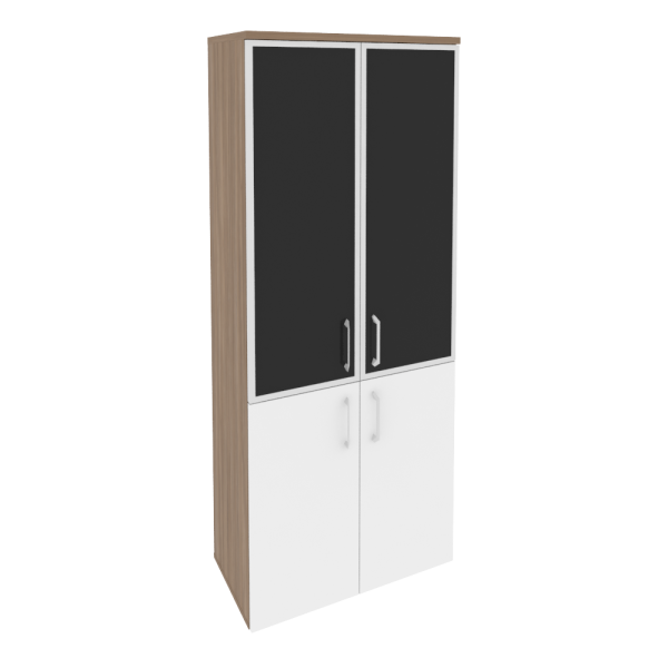 Шкаф высокий широкий (2 низких фасада ЛДСП + 2 средних фасада стекло лакобель в раме) O.ST-1.2R white/black