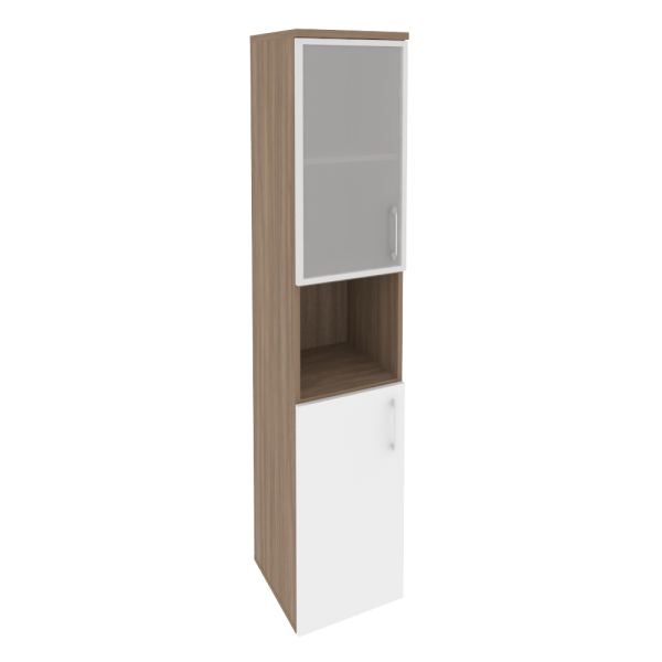 Шкаф высокий узкий левый (1 низкий фасад ЛДСП + 1 низкий фасад стекло в раме) O.SU-1.4R(L)