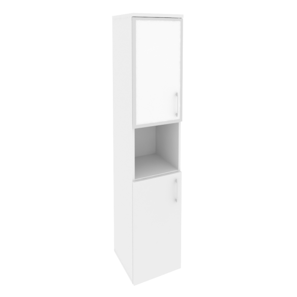 Шкаф высокий узкий левый (1 низкий фасад ЛДСП + 1 низкий фасад стекло лакобель в раме) O.SU-1.4R(L) white/black