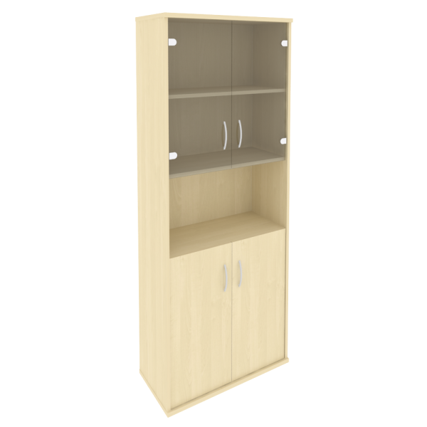 Шкаф высокий широкий (2 низкие двери ЛДСП, 2 низкие двери стекло) А.СТ-1.4