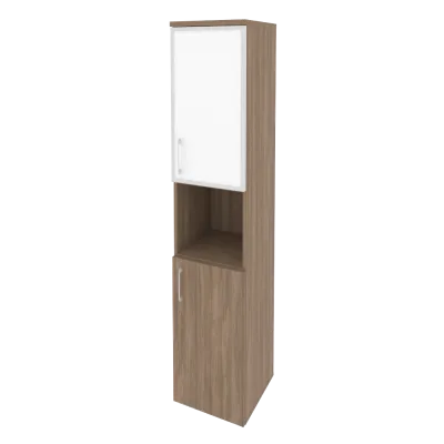 Шкаф высокий узкий правый (1 низкий фасад ЛДСП + 1 низкий фасад стекло лакобель в раме) O.SU-1.4R(R) white/black