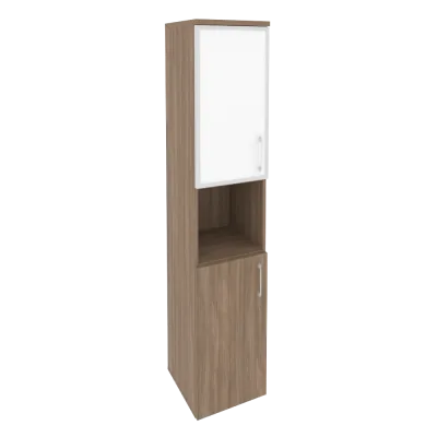 Шкаф высокий узкий левый (1 низкий фасад ЛДСП + 1 низкий фасад стекло лакобель в раме) O.SU-1.4R(L) white/black